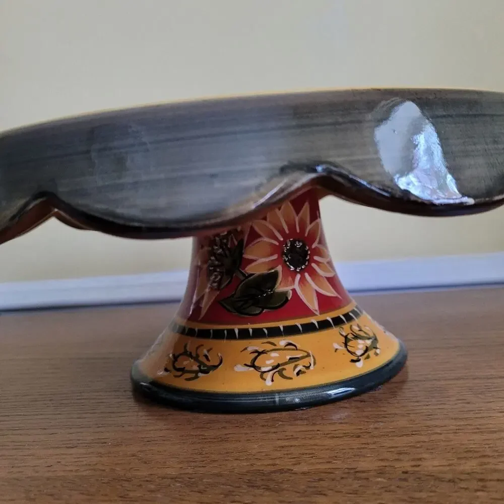 Pier 1 Imports Sunflower Hand Painted Terracotta Pedestal Harvest Cake Stand